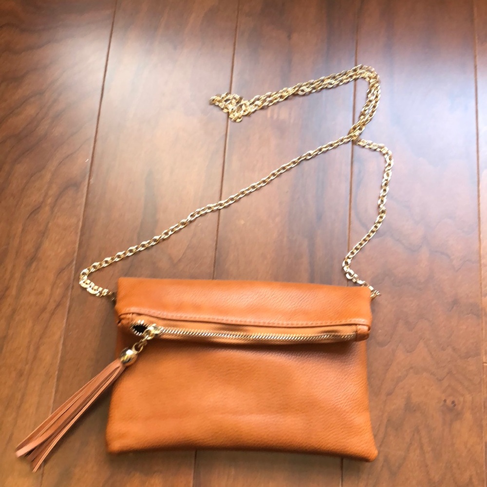 NWOT Brown leather purse with gold chain strap